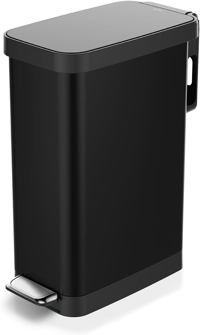 Glad Slim Trash Can with Clorox Odor Protection - Narrow Kitchen Garbage Bin with Soft Close Lid, Step On Foot Pedal and Waste Bag Roll Holder, Black, 45 Liter