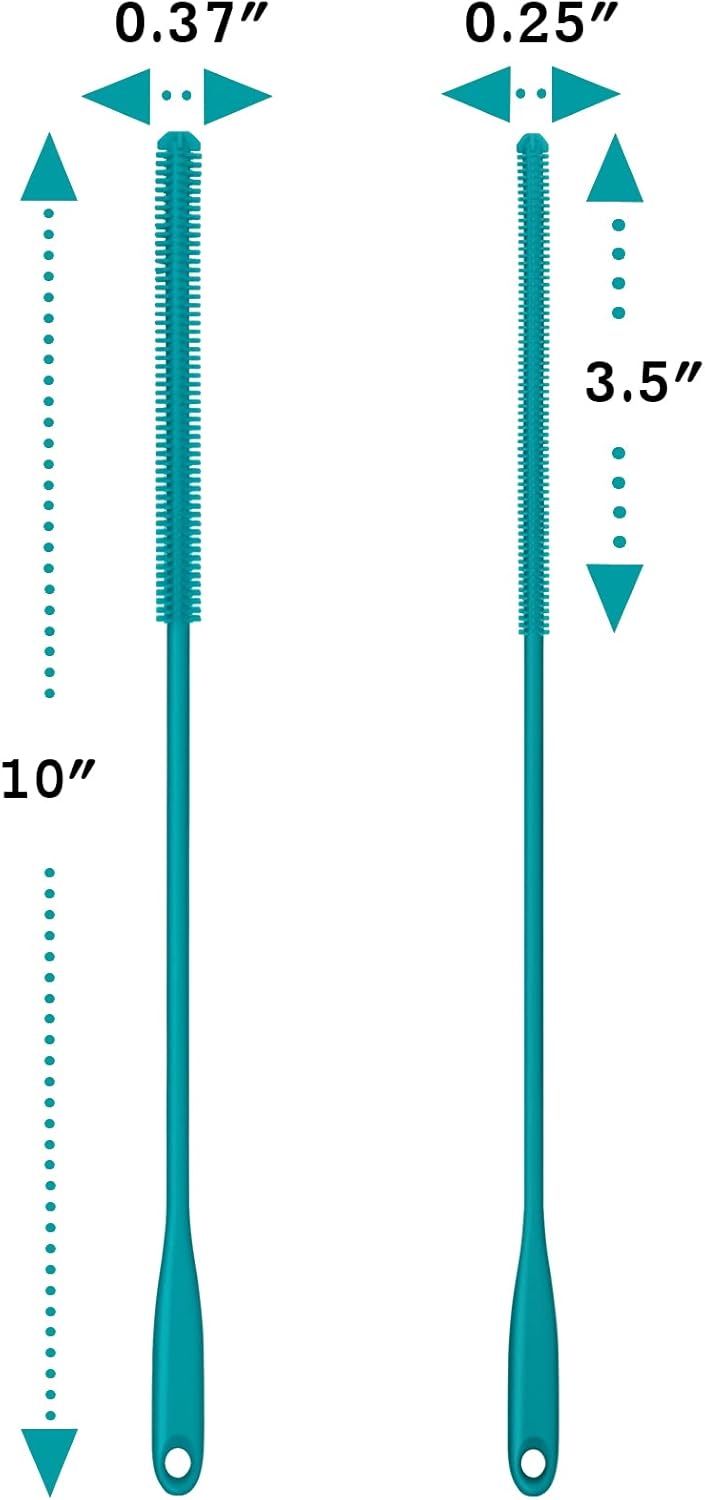 Silicone Straw Brush 4 Pack - (2 Small, 2 Wide) - 10 Inch Reusable Straw Cleaner, Pipe Cleaner, Glass and Detailing Tool (Turquoise)