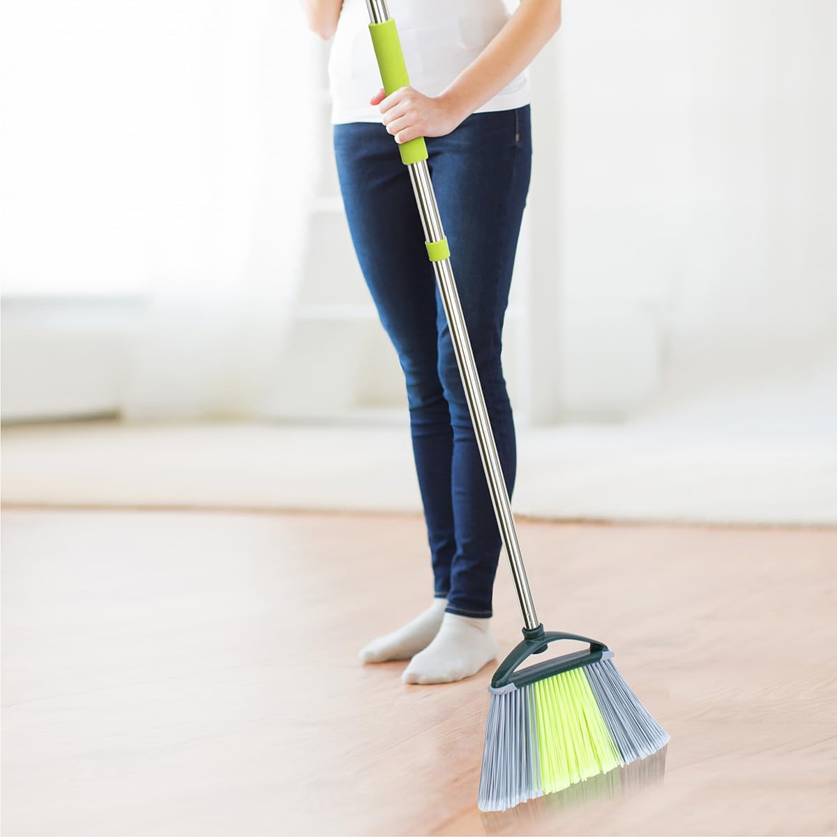 Pine-Sol Indoor Jumbo Broom with Long, Stainless Steel Collapsible Handle for Easy Storage, Heavy Duty Angle Bristles for Wood, Tile, Linoleum, and More - Sweeps Wet or Dry Debris