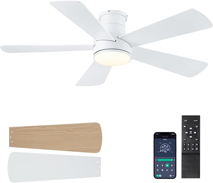 Ceiling Fans with Lights,46-Modern Low Profile Ceiling Fan with Remote Control,5 Dual-Sided Blades,Reversible DC Motor,White Flush Mount Ceiling Fan for Bedroom Indoor/Outdoor Use