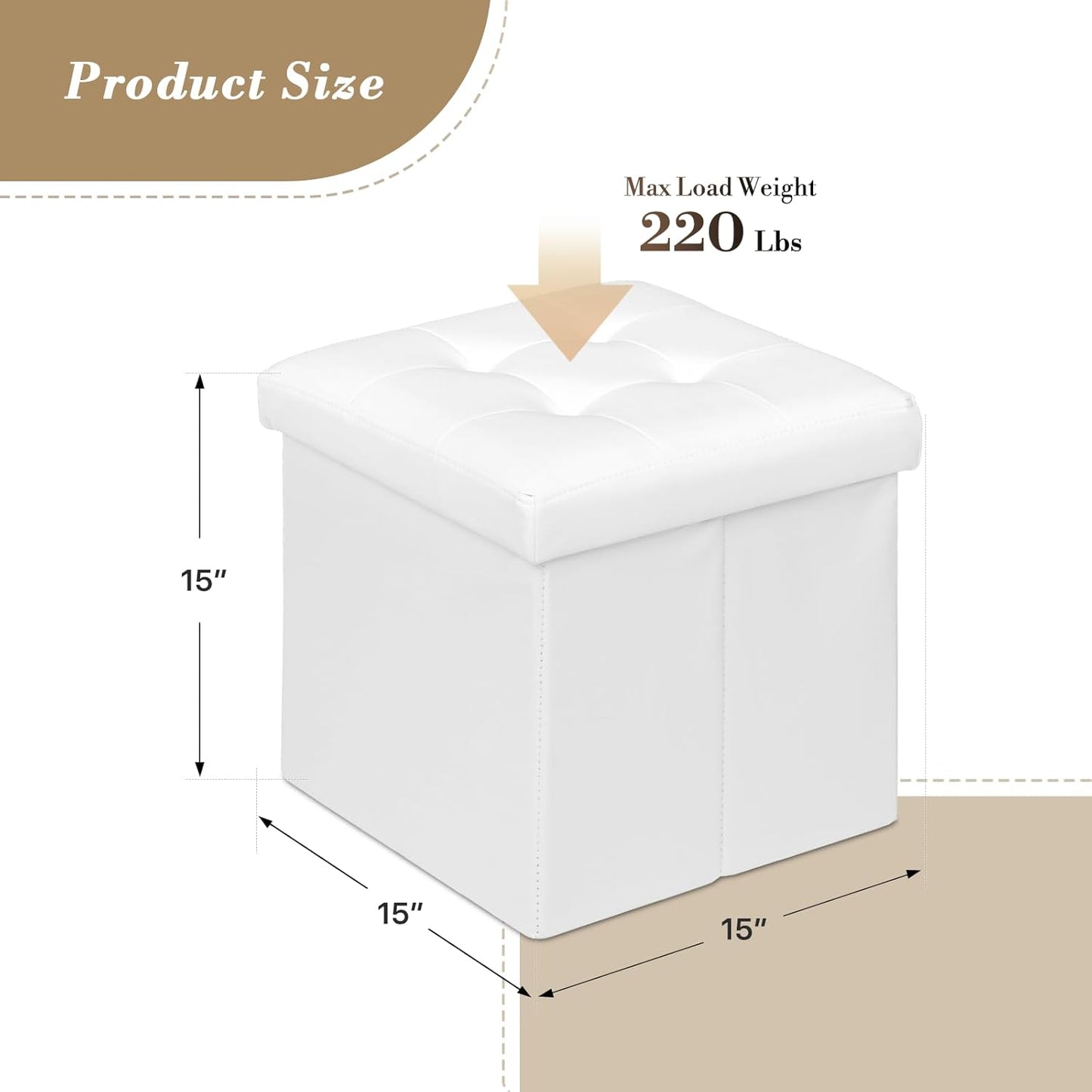 Athena Collection 15" Storage Ottoman Bench Folding Bench with 40L Hidden Storage, Small Cube Ottoman PU Leather Foot Rest Stool Chest with Flipping Lid for Living Room, Bedroom, Entryway, White