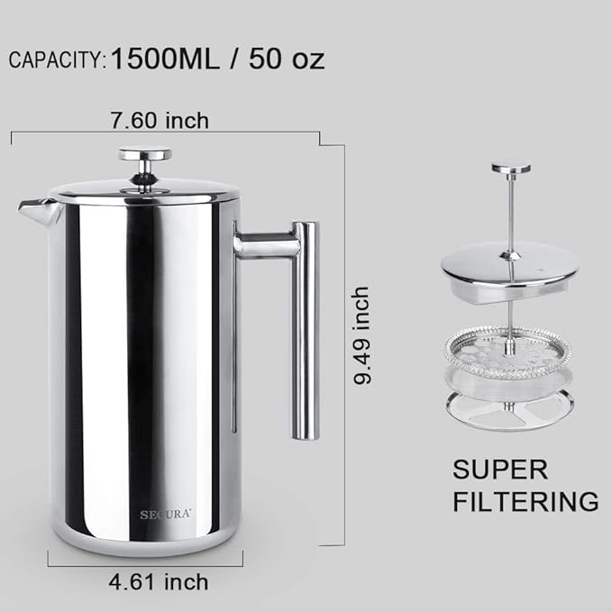 Secura French Press Coffee Maker, 304 Grade Stainless Steel Insulated Coffee Press with 2 Extra Screens, 50oz (1.5 Litre), Silver