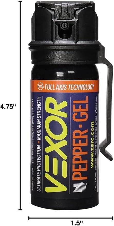 VEXOR Pepper Gel from Zarc, Maximum Strength Police Pepper Spray, Gel is The Future, Full Axis Technology Shoots from Any Angle 18-feet, Flip-top Safety