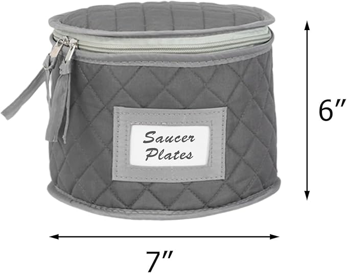 China Storage Case - Saucer or Small Plate Quilted Case - 7" diameter x 6" height - Gray - Includes 12 Felt Separators -Stackable With Padded Interior - Great for Appetizer Plates