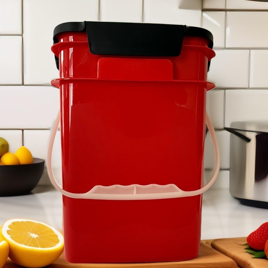 House Naturals 4 Gallon Square Food Grade Bucket Pail with Plastic Handles and Lid (Pack of 3) Made in USA containers (Red - Black lids)