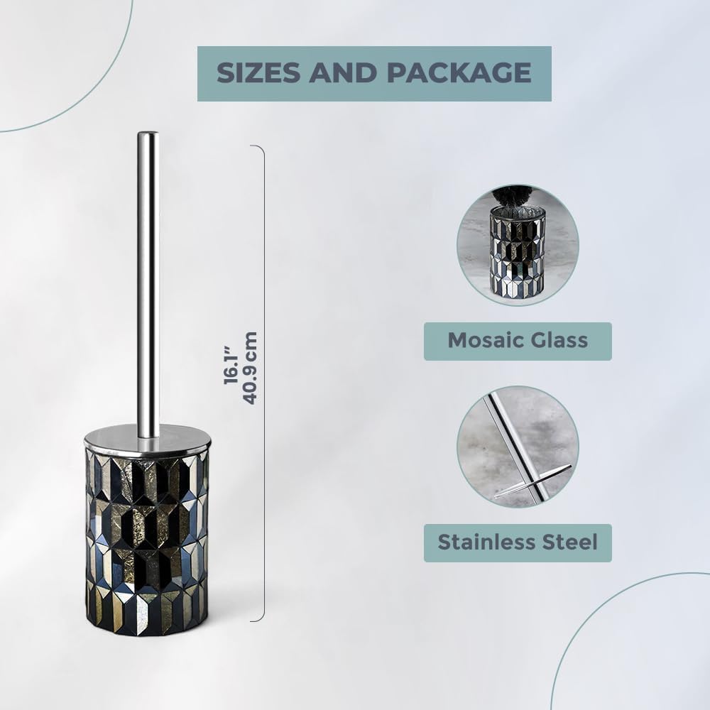 Escenzy Cute Toilet Brush and Holder Set Mosaic Glass | Non-Rustic Stainless Steel | Practical & Decorative Toilet Bowl Brush and Holder | Luxury Black and Gold Bathroom Accessories (Latest)