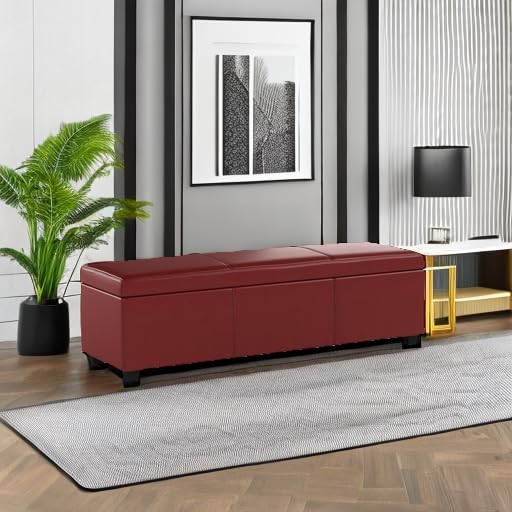 BELLEZE Storage Faux Leather Ottoman, 47 Inch Bench Bedroom Bench with Safety Close Hinge, Extra Long Ottoman with Storage for Living Room, Entryway, Hallway, Foot Rest, Support 300lbs - Red