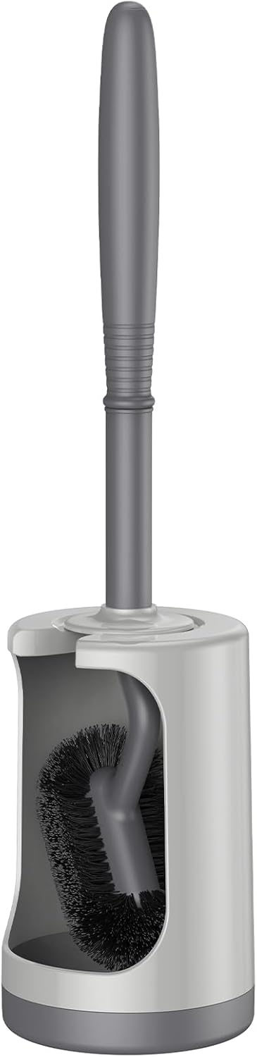 HAMITOR Toilet Bowl Brush Holder Set: Curved Design with Holder for Deep Cleaning Under Rim - Compact Hidden Scrubber for Small Space - Modern RV Bathroom Accessories - Gray