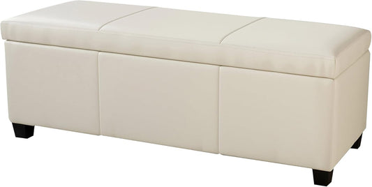 BELLEZE Storage Faux Leather Ottoman, 47 Inch Bench Bedroom Bench with Safety Close Hinge, Extra Long Ottoman with Storage for Living Room, Entryway, Foot Rest, Support 300lbs - Cream