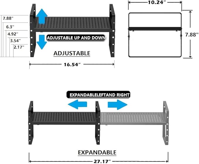 Expandable Spice Rack, Stackable Metal Pantry Storage Shelves Stand, Adjustable Height Cabinet Shelf Organizer Racks(3PACKS/BLACK,LARGE)