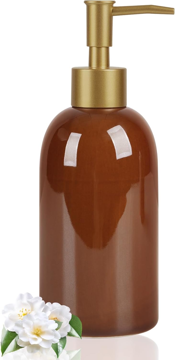 Natheeph 14OZ Ceramic Soap Dispenser Ceramic Soap Pump Dispenser Can Fill Liquid for Bathroom/Kitchen (Brown)