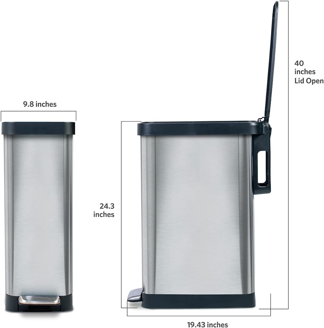 Glad Slim Trash Can with Clorox Odor Protection - Narrow Kitchen Garbage Bin with Soft Close Lid, Step On Foot Pedal and Waste Bag Roll Holder, Stainless Steel, 45 Liter