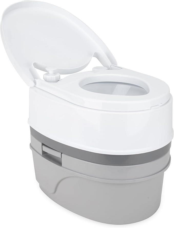 Camco RV Premium Travel Toilet - Features a 5.3-Gallon Detachable Holding Tank, Pump Flush Design & Spring-Loaded Latch (41544)