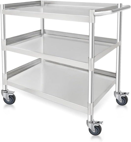 3-Shelf Stainless Steel Rolling Utility Cart - Heavy-Duty Metal Mobile Storage with Handle & Locking Wheels - Ideal for Kitchen, Medical, Lab, Restaurant & Home Use (19''x31''x34'')