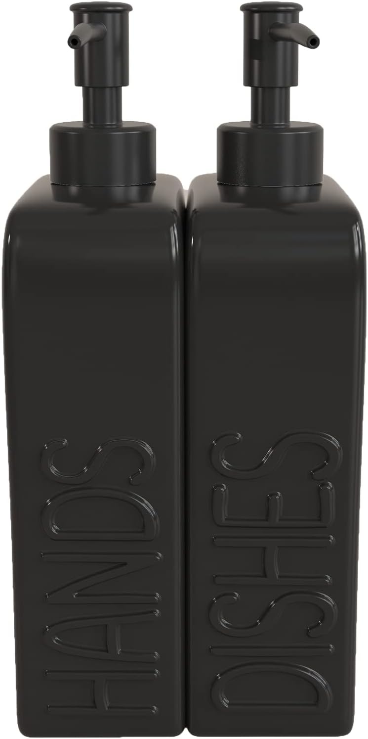 Ceramic Soap Dispenser Set, 2 Pack Kitchen Dispenser with Funnel, Non-Slip Silicone Pads, Liquid Hand and Dish Soap for Kitchen, Bathroom, Matte Black