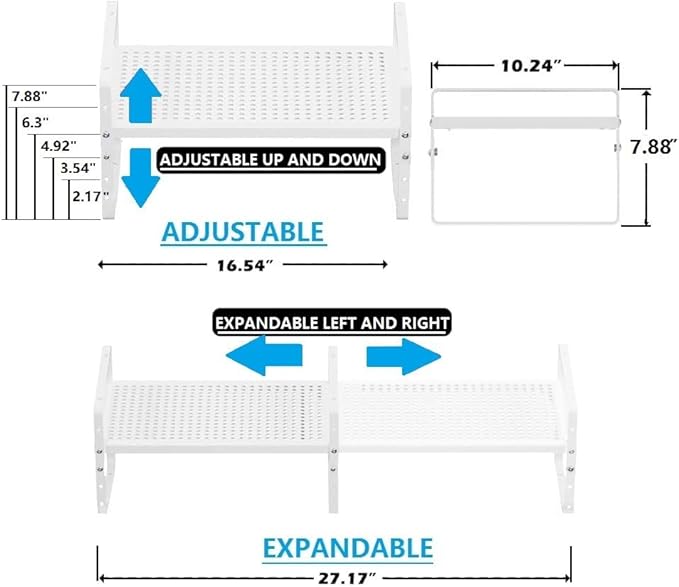 Expandable Spice Rack, Stackable Metal Pantry Storage Shelves Stand, Adjustable Height Cabinet Shelf Organizer Racks(2PACKS/WHITE,LARGE)