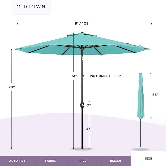 Midtown Umbrellas Sunbrella Umbrella 9 Feet Outdoor Umbrella With Canvas Tuscan Acrylic Fabric - Auto-Tilt Aluminum Frame Patio Umbrella For Backyard, Deck, Garden, Pool - Black Pole