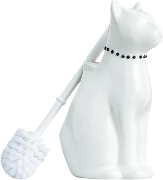 Comeon Ceramic Cat White/Black Toilet Brush and Holder Set, Plastic Handled Scrub Brush for Bathroom Cleaning,10.63"*6.3" (White)