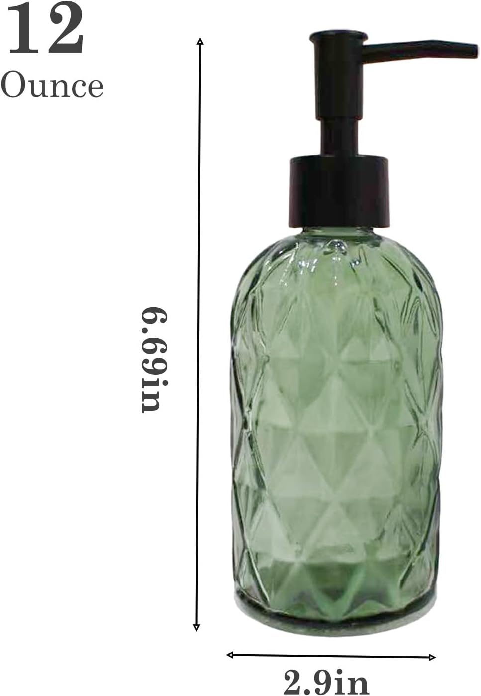 Green Glass Soap Dispenser with Black Plastic Pump, 12Oz Bathroom Clear Liquid Lotion Bottles Refillable Dish Dispensers with Diamond Design, Hand Dish Dispenser for Kitchen