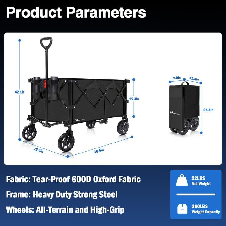 Moon Lence Large Collapsible Folding Wagon Cart Heavy Duty Folding Garden Portable Handy Cart with All-Terrain Beach Wheels, Adjustable Handle & Drink Holders (Black-New)