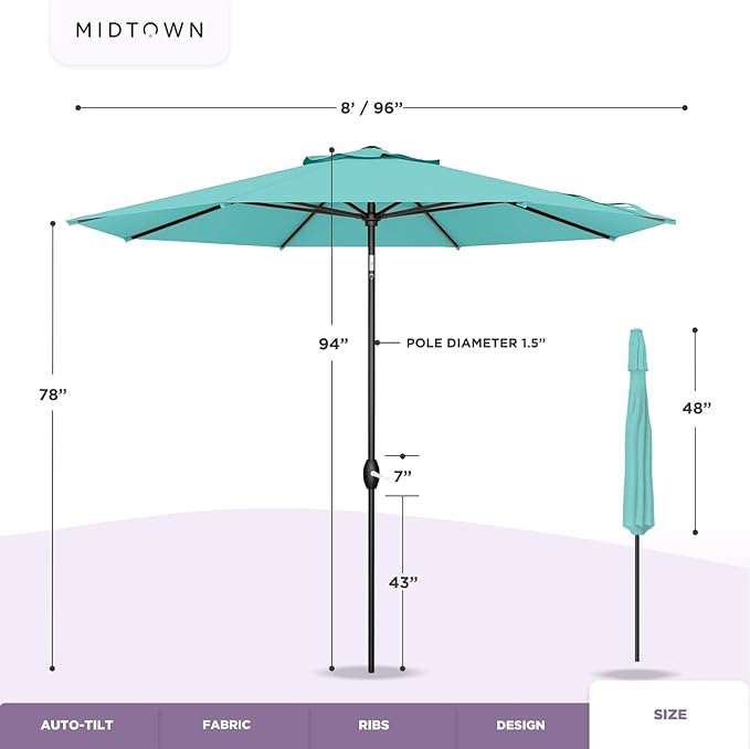 Midtown Umbrellas Sunbrella Umbrella 8 Feet Outdoor Umbrella With Sunbrella Burgundy Acrylic Fabric - Auto-Tilt Aluminum Frame Patio Umbrella For Backyard, Deck, Garden, Pool - Black Pole