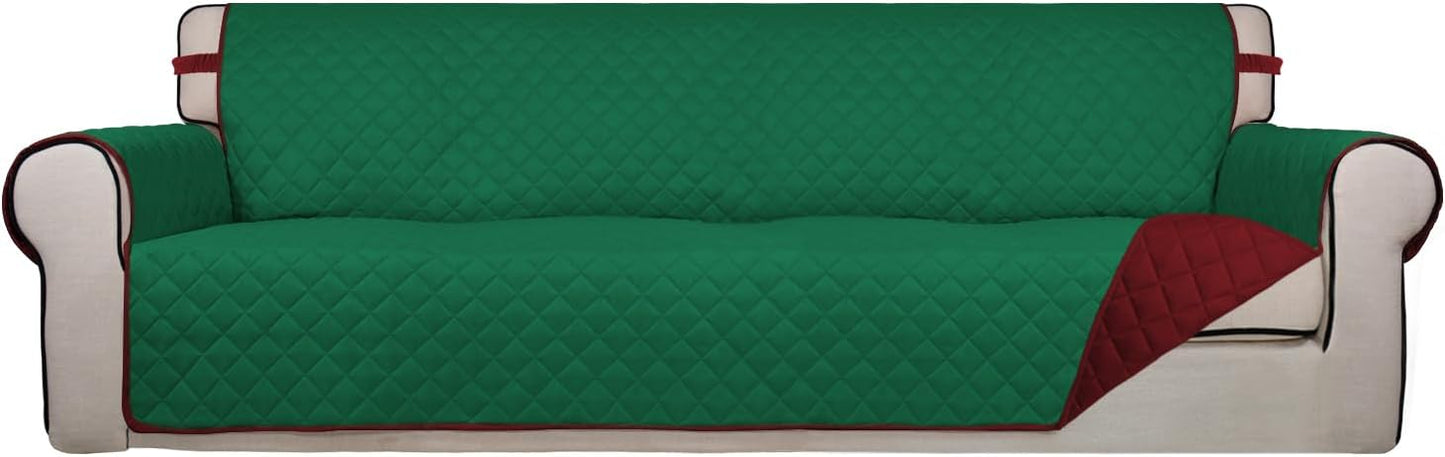 PureFit Reversible Quilted Sofa Cover, Water Resistant Slipcover Furniture Protector, Washable Couch Cover with Non Slip and Elastic Straps for Kids, Dogs, Pets (XX Large, Green/Red)