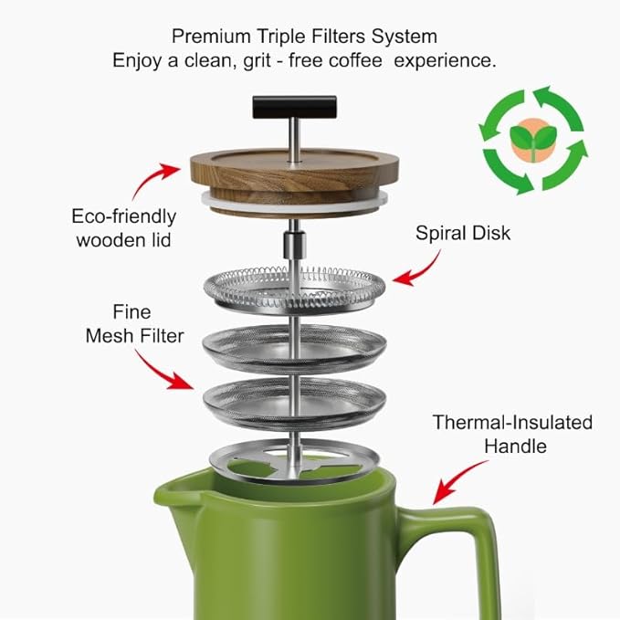 DHPO Ceramic French Press Coffee Maker, 22 Ounce Coffee Press Manual Brewer with Walnut Wood Lid, Premium Food Grade Stainless Steel Filter with Dual Screen for Coffee and Loose Tea, Gift Box, Green