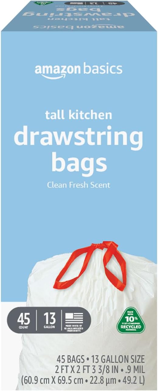 Amazon Basics 13 Gallon Tall Kitchen Drawstring Trash Bags, Clean Fresh Scent, 10% Post Consumer Recycled, 45 Count