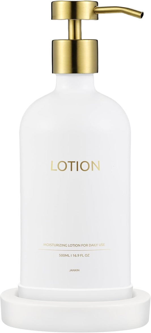 Glass Soap Dispenser Set by Janxin,Bathroom Soap Dispenser Set with Ceramic Tray,Luxury Bathroom Accessories,Modern Kitchen Decor (White+Gold(Lotion))