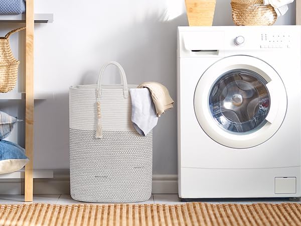 Woven Laundry Basket for Clothes, 80L Large Rectangle Laundry Hampers with Beads Tassel, Nursery Storage Basket for Toys, Tall Dirty Clothes Hamper for Bedroom Aesthetic, Laundry Room Organization