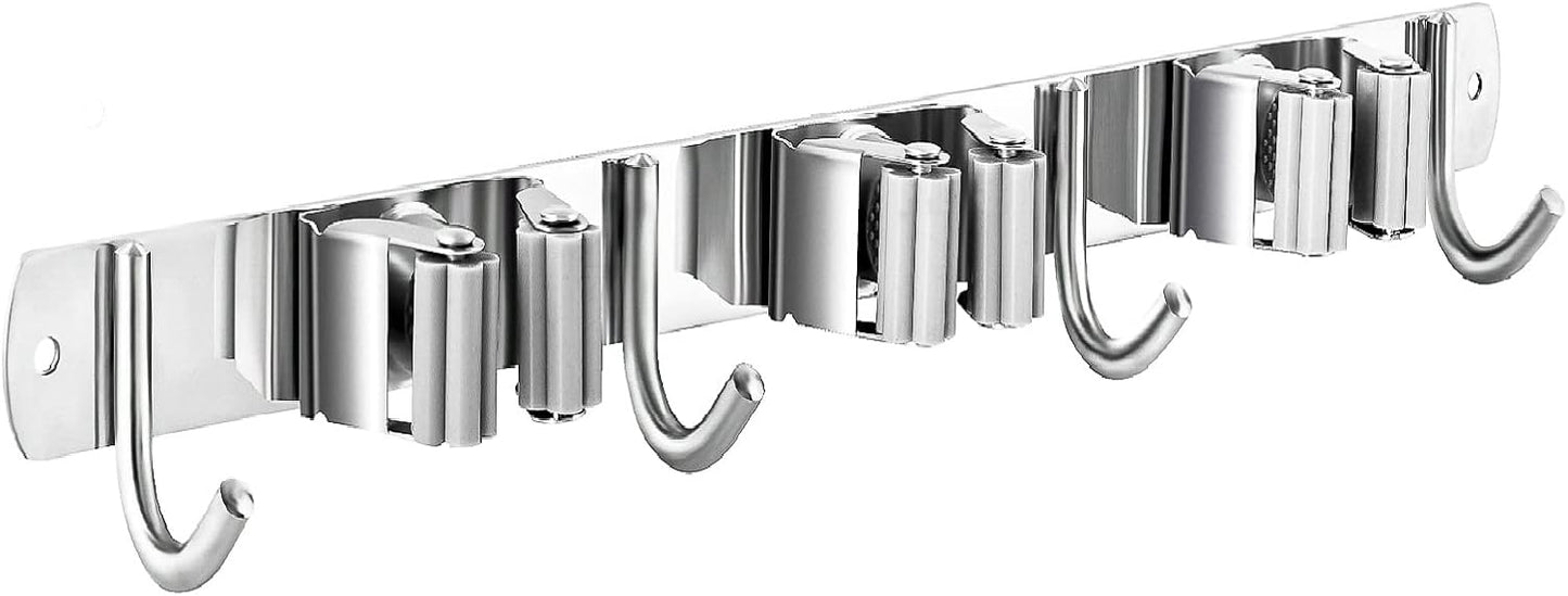 Mop and Broom Hanger Wall Mount, stainless steel Broom Hook Organizer Wall Mounted, Heavy Duty Mop Holder Storage Rack - 3 Racks 4 Hooks for hanging brooms and mops