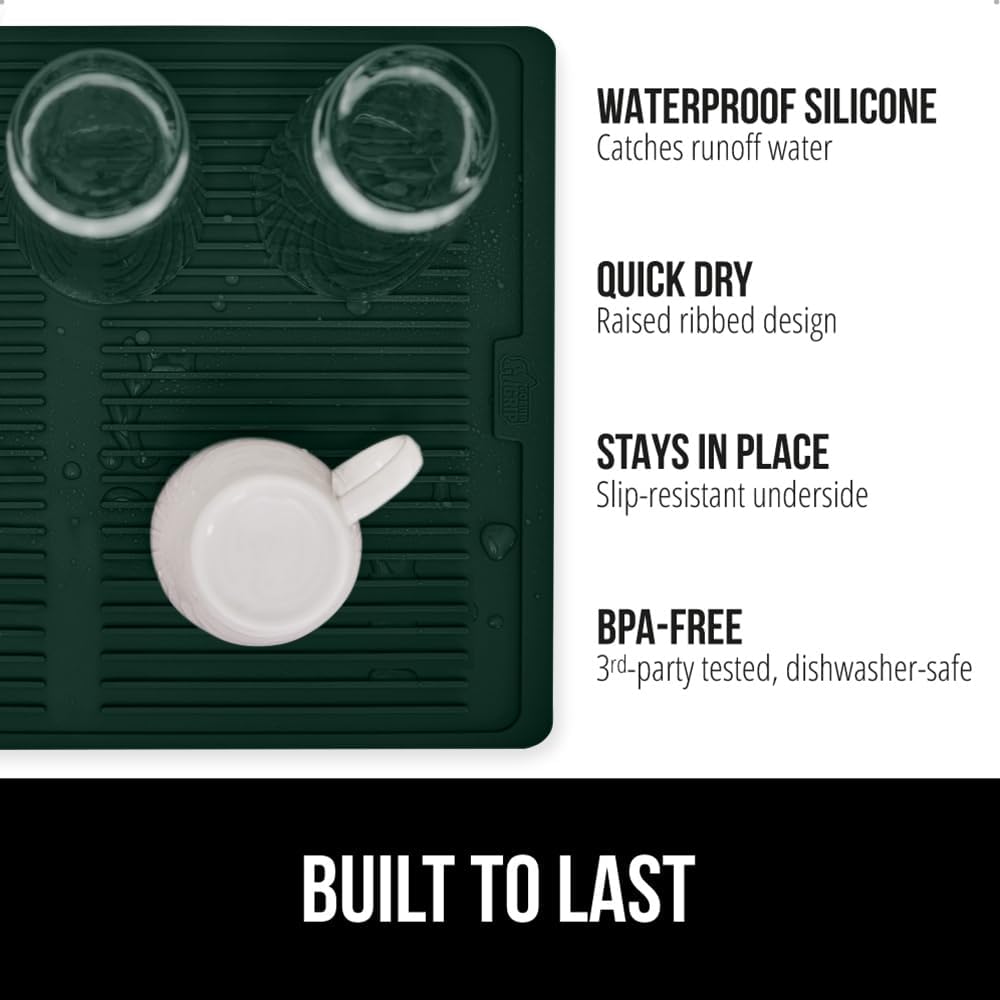 GORILLA GRIP 100% BPA-Free Silicone Dish Drying Mat for Kitchen Counter, 18x24, Quick Dry, Water Catching Ribbed Design, Easy Clean Waterproof Sink Liner, Heat Resistant, Fits Under Rack, Hunter Green