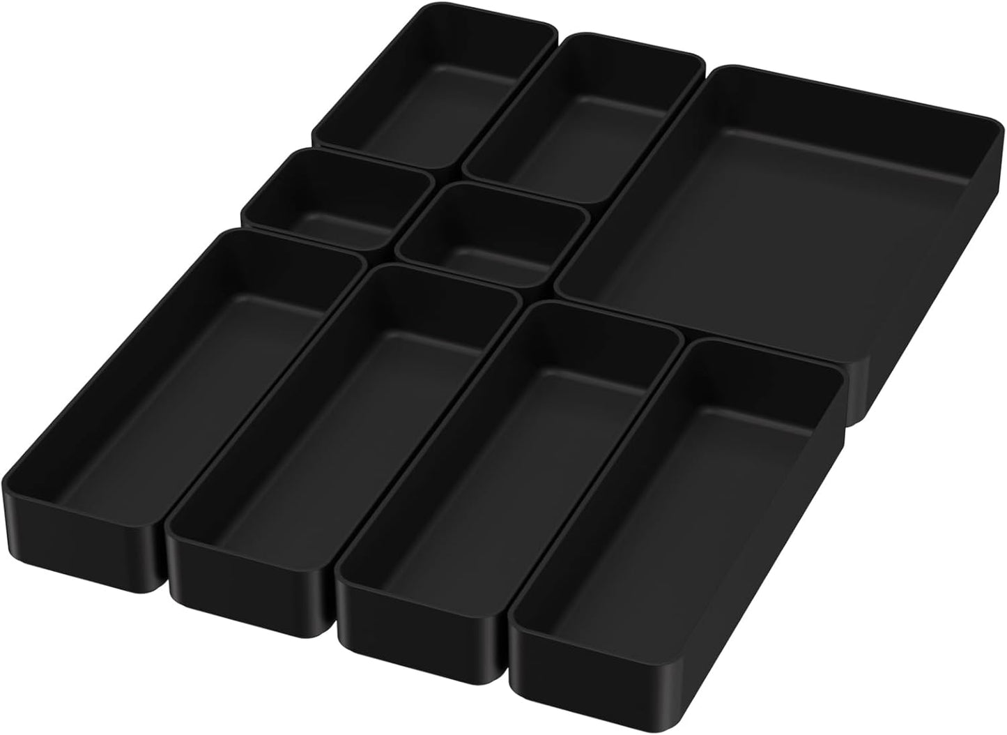 9 Pcs Stackable Drawer Organizer Trays Set, Multifunctional Stackable Storage Trays for Vanity, Bathroom, Kitchen, Desk Drawer Organizer Office. Plastic Drawer Organizers Available In 5 Colours, Black