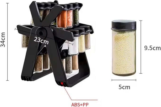 Rotating spice rack set designed to organize and store various spices. This spice rack appears to have a rotating carousel design, allowing easy access to different spices.