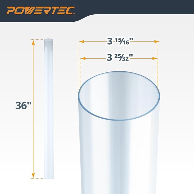 POWERTEC Clear PVC Pipe 4" x 36" Long, 1PK Plastic Tubing and 5PK Pipe Straps w/Anchors & Screws Compatible w/Dust Collection Fittings - Hose for Woodworking Tools (70401V)