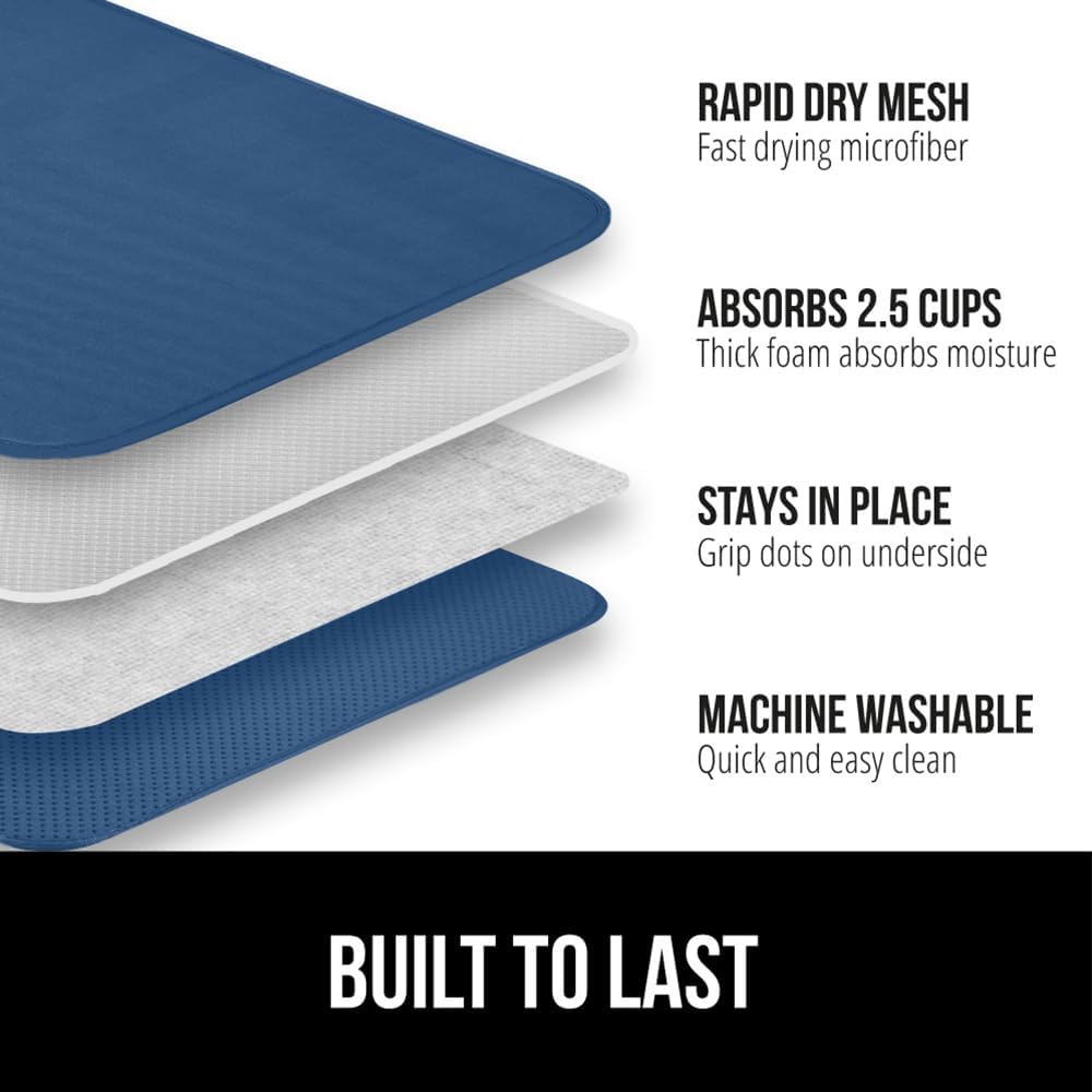 GORILLA GRIP Ultra Water Absorbent Microfiber Dish Drying Mat, 18x24, Quick Dry Thick Mesh, Slip Resistant Pad for Sink Dishes or Under Rack, Kitchen Counter Accessories, Machine Wash, Blue