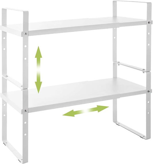 Expandable Cabinet Shelf Organizer Rack, Stackable Kitchen Counter Storage Shelves Stand, Adjustable Height Pantry Shelf Spice Rack (White, 2 Pack)