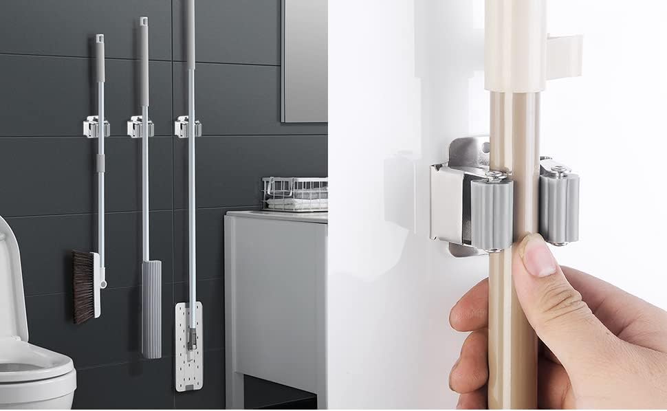 6PCS Broom and Mop Holder, Heavy Duty Garden Tool Organizer Rack Rake and Shovel Handle, Stainless Steel Mop Hanger. Wall Mounted Utility Rack with Screws, Silver.