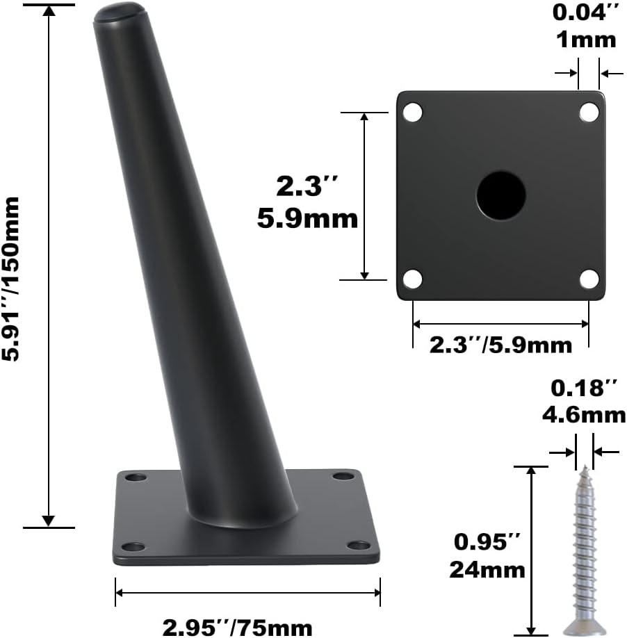 4PCS 6 Inch Matte Black Tapered Angled Legs for Furniture, Metal Mid Century Mordern Feet, Heavy Duty Slanted Stand Legs Kit for Couch, Coffee Table, Desk, Dresser, Sofa, Chair