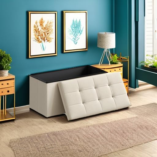 SONGMICS MAZIE Collection - 30 Inches Folding Storage Ottoman Bench, Ottoman Foot Rest, End of Bed Bench, Storage Chest, Load 660 lb, for Living Room, Bedroom, Entryway, Cream White ULSF47BE