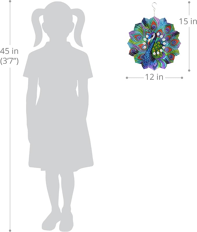 Exhart Wind Spinner, Peacock Mandala Hanging Wind Sculpture, 3D Laser Cut Patterns with Bead Details, Metal Outdoor Garden Decoration, Multicolor Lawn and Yard Art, 12 Inch