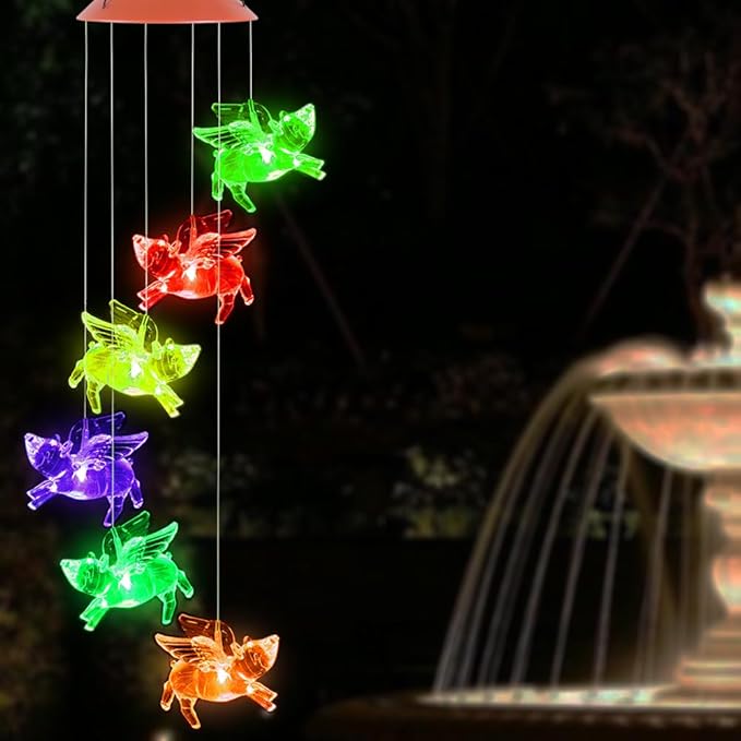 ME9UE Solar Fly Pigs Wind Chimes, Outdoor Waterproof Mobile Romantic LED Multi Color-Changing Solar Sensor Powered Lights for Home, Yard, Night Garden, Party, Valentines Gift, Festival Decor