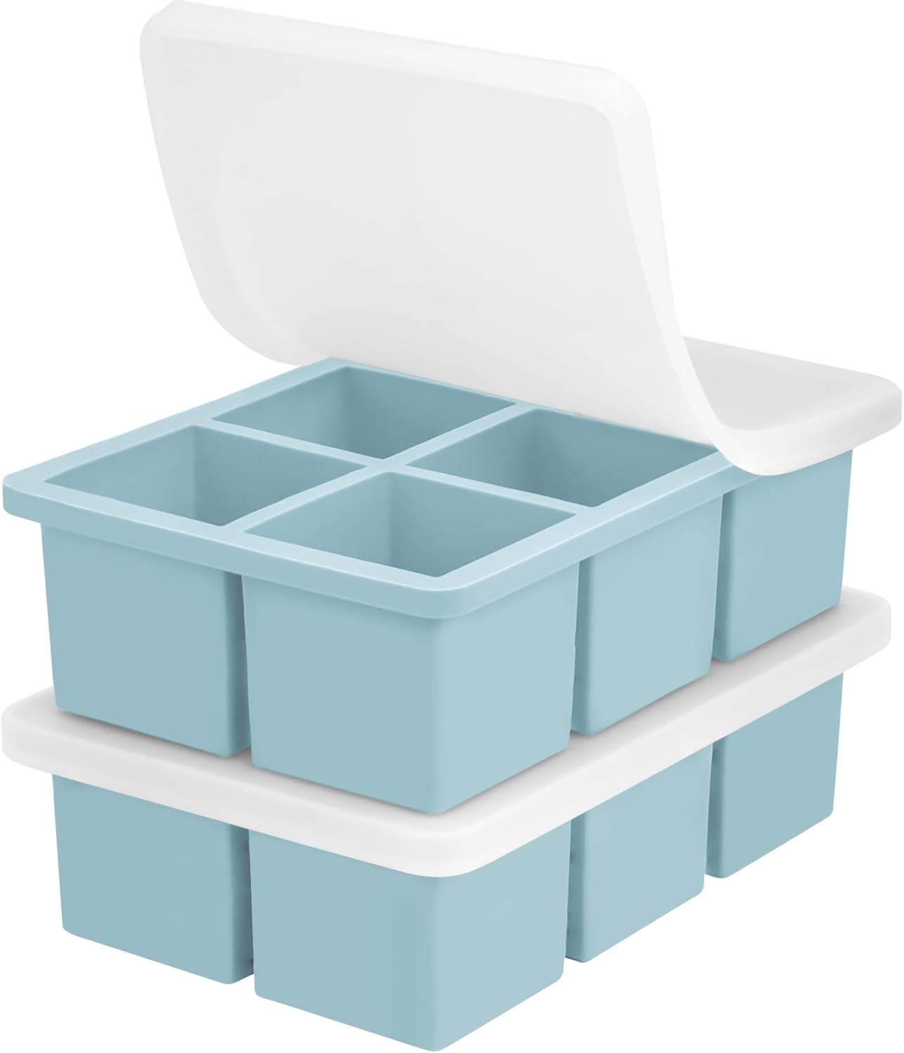 Large Silicone Ice Cube Tray 3Pack, SAWNZC Big Square Ice Cube Molds for Whisky Cocktail, Ice Maker Tray with Lid for Freezer, Easy Release (2, Blue)