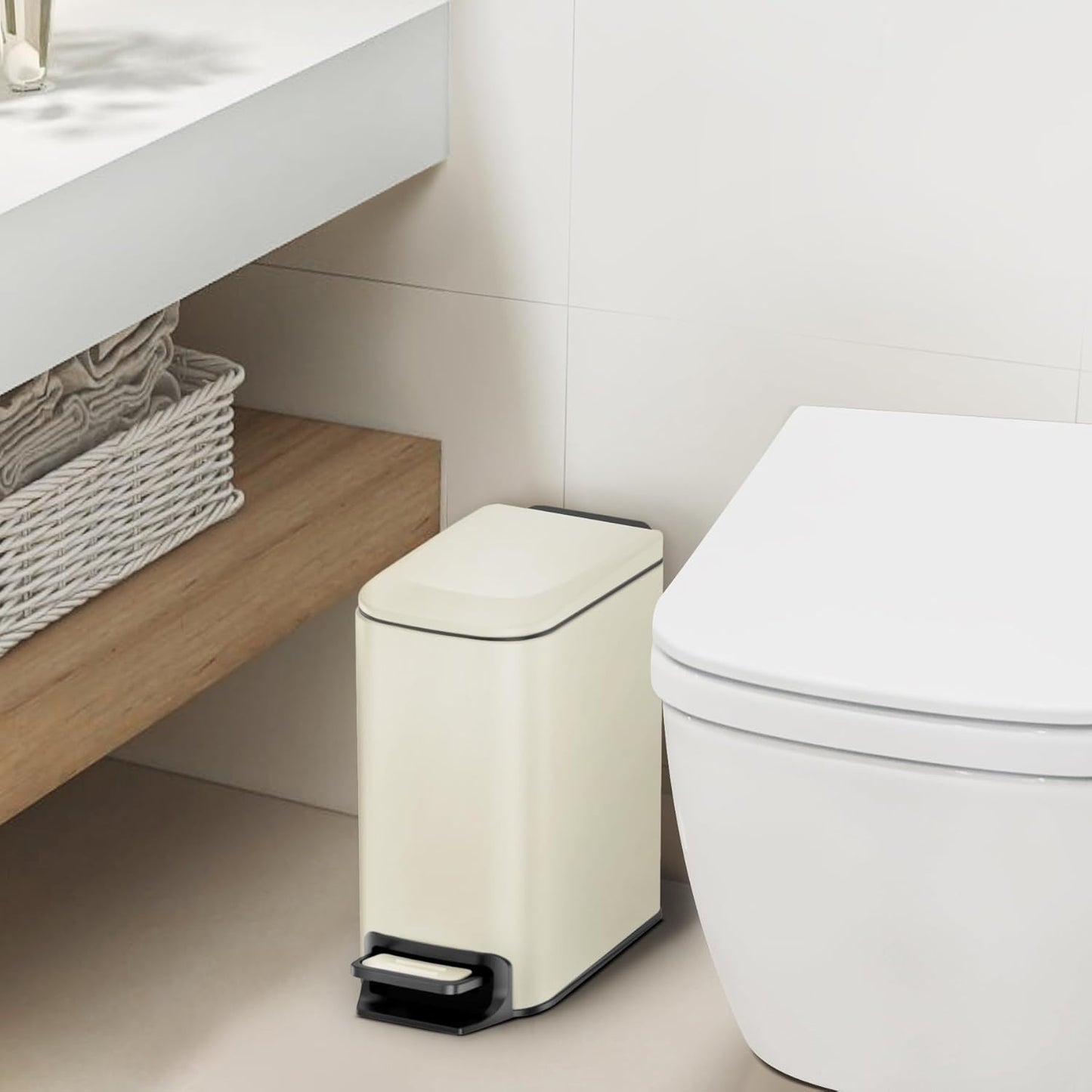 Cesun Small Bathroom Trash Can with Lid Soft Close, Step Pedal, 6 Liter / 1.6 Gallon Stainless Steel Garbage Can with Removable Inner Bucket, Anti-Fingerprint Finish (Creamy White)