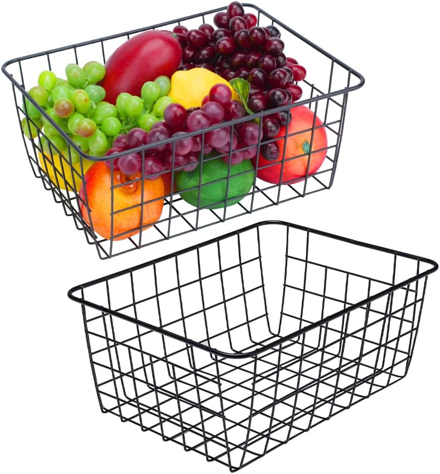 LeleCAT Wire Baskets with Handles, Wire Storage Organizer Baskets, Household Refrigerator for Cabinets, Pantry, Closets, Bedrooms - Set of 4（Black)
