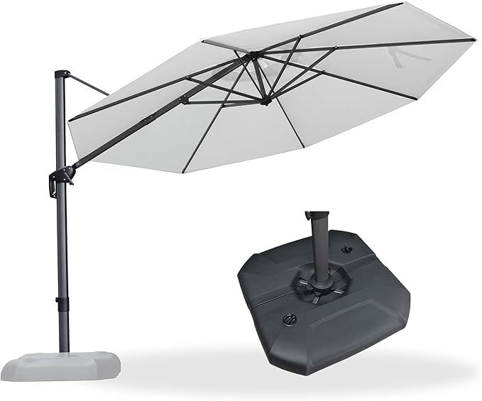 PURPLE LEAF 11 Feet Patio Umbrella with Base Outdoor Cantilever Round Umbrella Aluminum Offset Umbrella with 360-degree Rotation for Garden Deck Pool Patio Light White