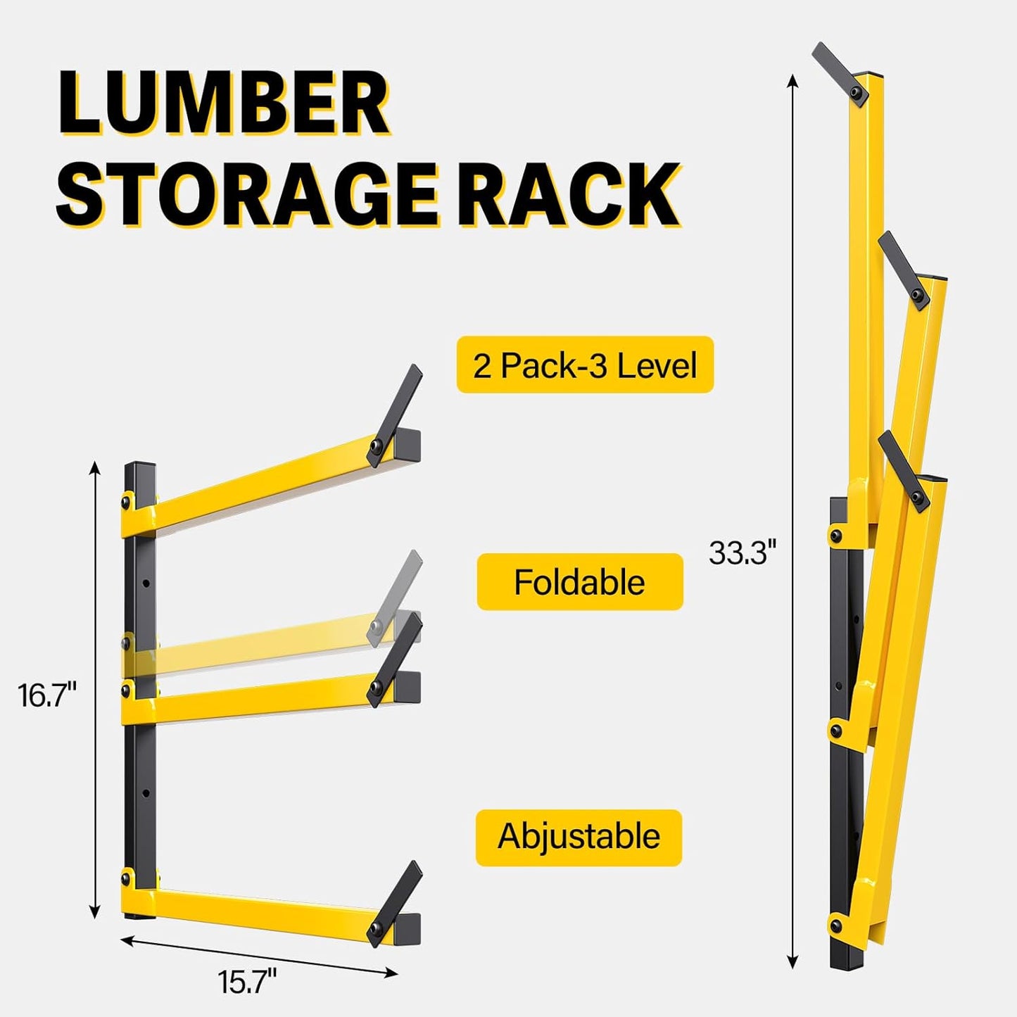 GREENER Lumber Storage Rack Folding Wood Storage Racks Wall-Mounted Metal Racks for Storage with 3-Level Heavy Duty Garage Wood Organizer for Woodworking Shop Indoor & Outdoor Use, 2 pairs,Yellow