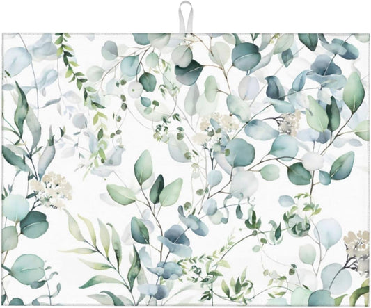 Green Floral Leaf Dish Drying Mat For Kitchen Counter 18 X 24 Inch Absorbent Dish Mat Reversible Drainer Drying Kitchen Mat