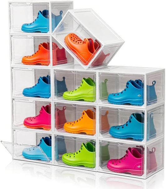 12 Pack White Shoe Boxes Stackable,Large Shoe Storage Organizer with Magnetic Door,Drop Side Shoe Containers for Entryway,Sneaker Storage Fit up to US Size 12 for Men/Women(13’’x10.62”x8.26”