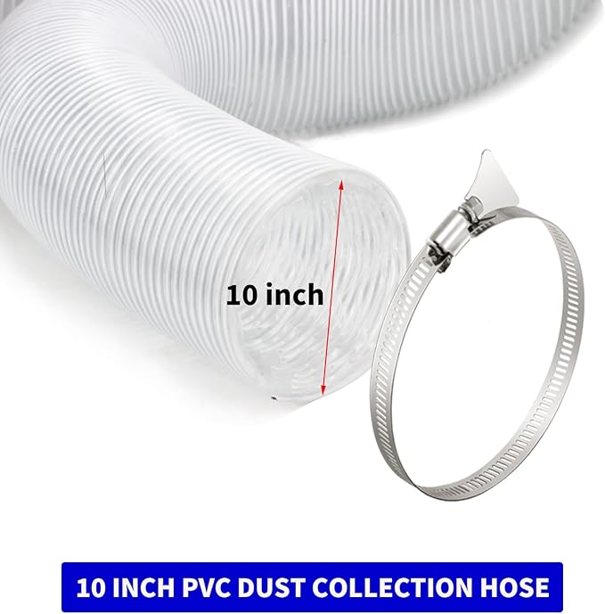 JUYO VONSAN 10 inch Dust Collection Hose 10ft Heavy Duty Flexible PVC Dust Collector Hose With Clamps (PVC, 10IN-10FT)